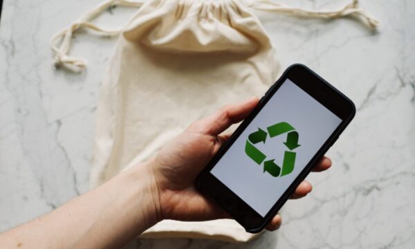 Free Faceless person showing recycle symbol on mobile phone screen Stock Photo