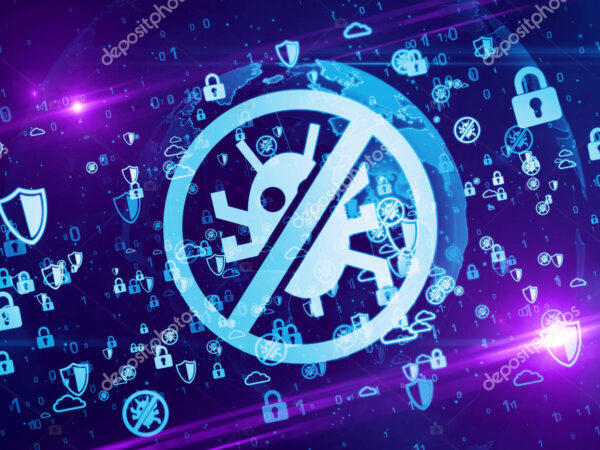 Antivirus. Cyber security, computer protection and digital safety symbols on digital globe 3d illustration.