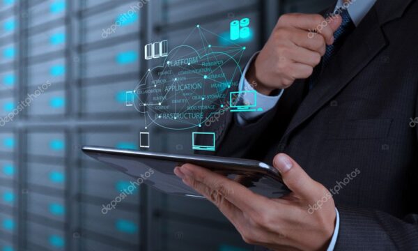 Businessman working with a Cloud Computing diagram on the new co