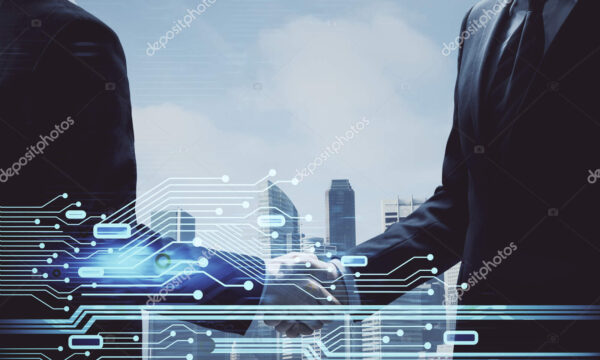 Double exposure of data theme hologram and handshake of two men. Partnership in IT industry concept.